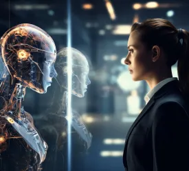 An artificial intelligence expert studies a robot. 