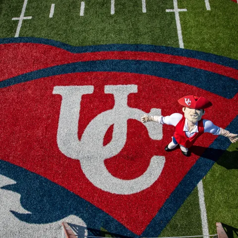 Patriot Pete on the football field. 