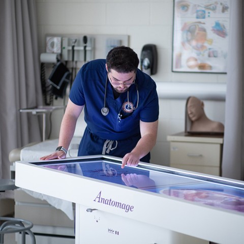 PA student using Anatomage table in PA lab