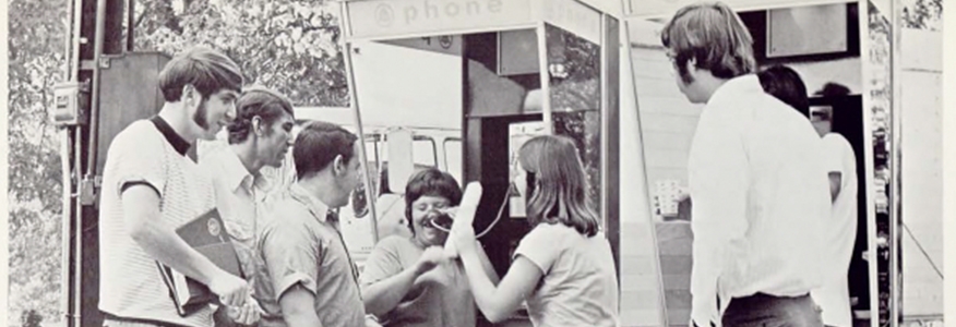 Students use a pay phone on campus in 1971