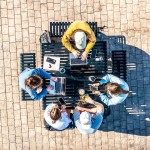 An aerial footage of several students studying outside
