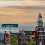 Sunset behind a campus building
