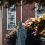 A bronze statue on campus