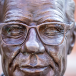 An up close photo of the Boswell statue on campus. 