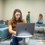 A student using a laptop. 