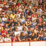 Students seated on bleachers