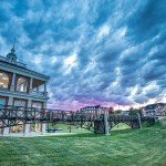 An image of the campus and its buildings at sunset. 
