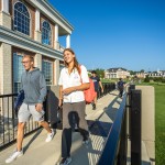 Students walk across the viaduct on the first day of classes. 