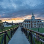A student walks across the viaduct on the Cumberlands campus.