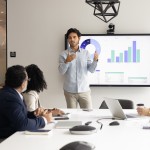 A young man shows data on a computer screen to a team of four professionals sitting at a table. 