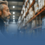 Man Looking at Charts on Desktop in Warehouse
