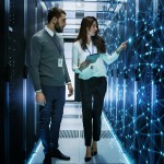 A man and a woman with security badges look at a digital server mapping machine learning patterns.