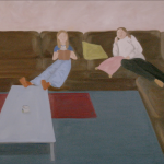 A student painting of two individuals sitting on a couch. 