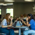 Two female students sit with their laptops at a round table in the student center. 